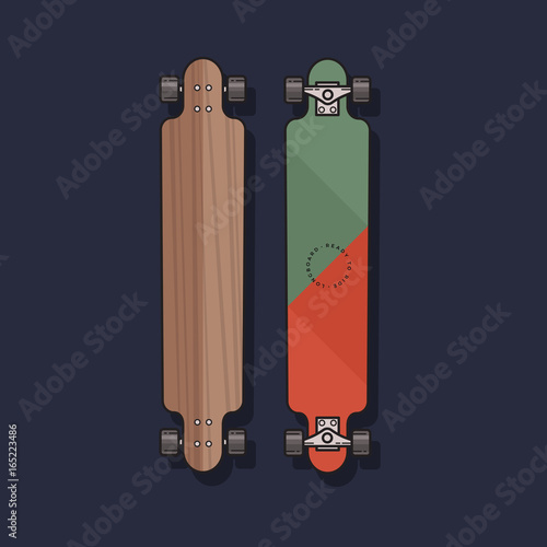 Vector illustration of Longboard in flat style. Longboard isolated on blue background.