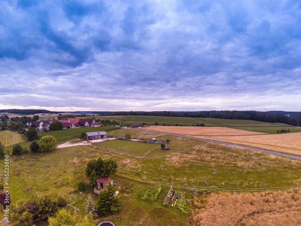 Naklejka premium Aerial photo of the landscape near the small village of Moenchberg in Bavaria in south Germany