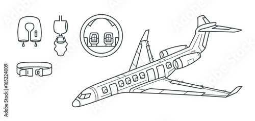 High Detailed Airplane Jet Contour Linear Perspective View Illustration Instruction. Oxygen Mask, Life Vest, Safety Belt Minimal Flat Line Outline Stroke Icon.