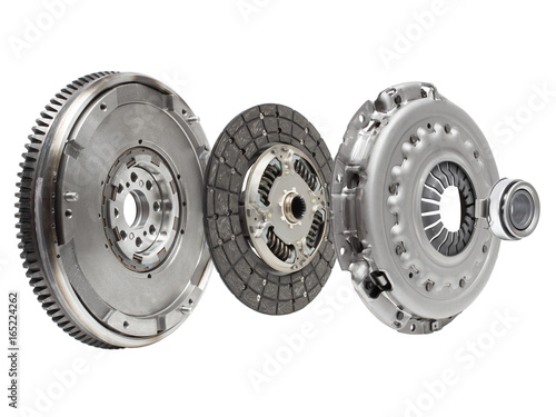 the composition of the elements of car repair kit clutch manual gearbox isolated, on a white photo