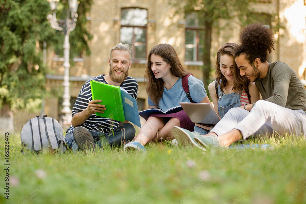 View on students sitting on lawn studying in college garden. College campus, young men doing teamwork together. View on students sitting on lawn studying in college garden. College campus, young men doing teamwork together.