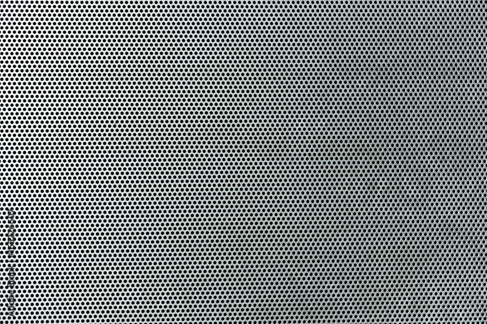 Gray metal background, round perforated metal texture - obrazy, fototapety, plakaty 