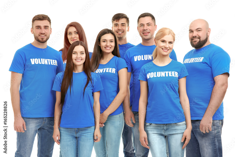 Group of young volunteers on white background Group of young volunteers on white background