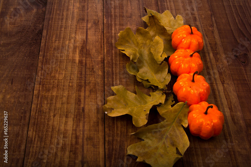 A Close Up of Several Small Pumpkins Lined up in a Row on Rustic Old Wooden Boards against Medium Brown Background with Copy Space photo