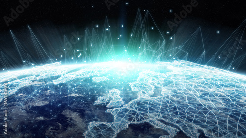 Global network and datas exchanges over the planet Earth 3D rendering
