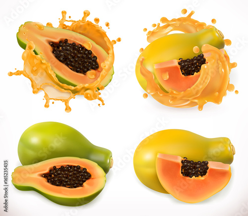 Papaya juice. Fresh fruit, 3d vector icon set