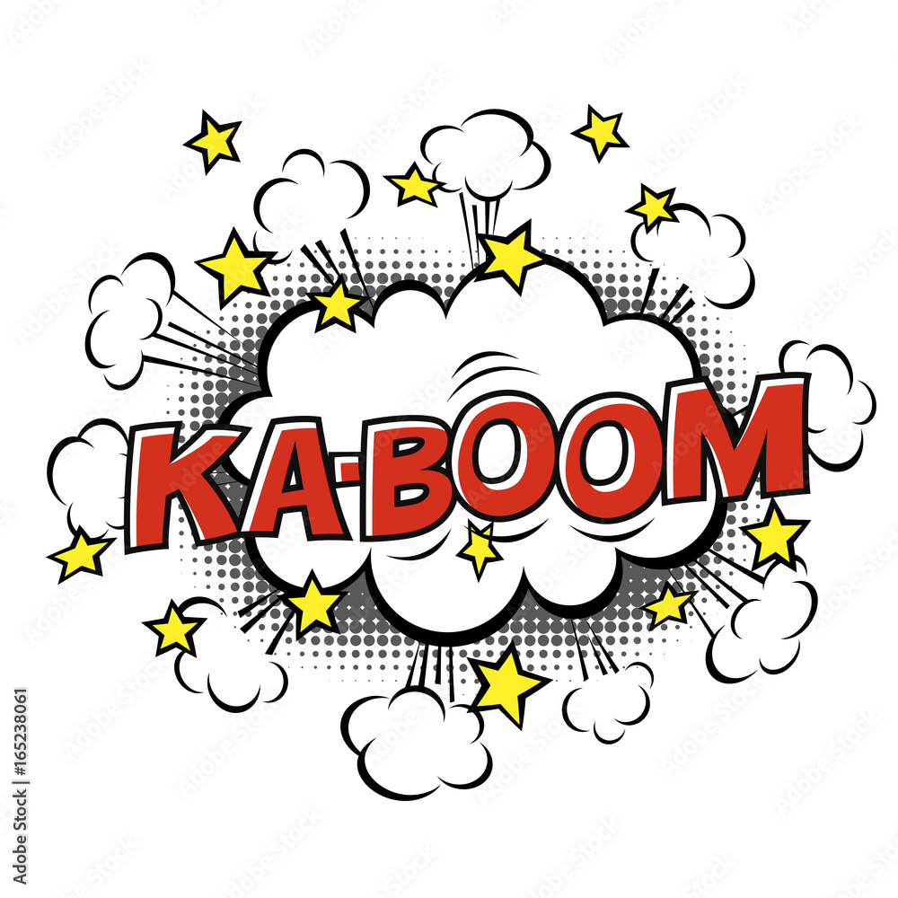 Obraz premium Ka-Boom! phrase in speech bubble. Comic text. Vector bubble icon speech phrase. Comics book balloon. Halftone background.