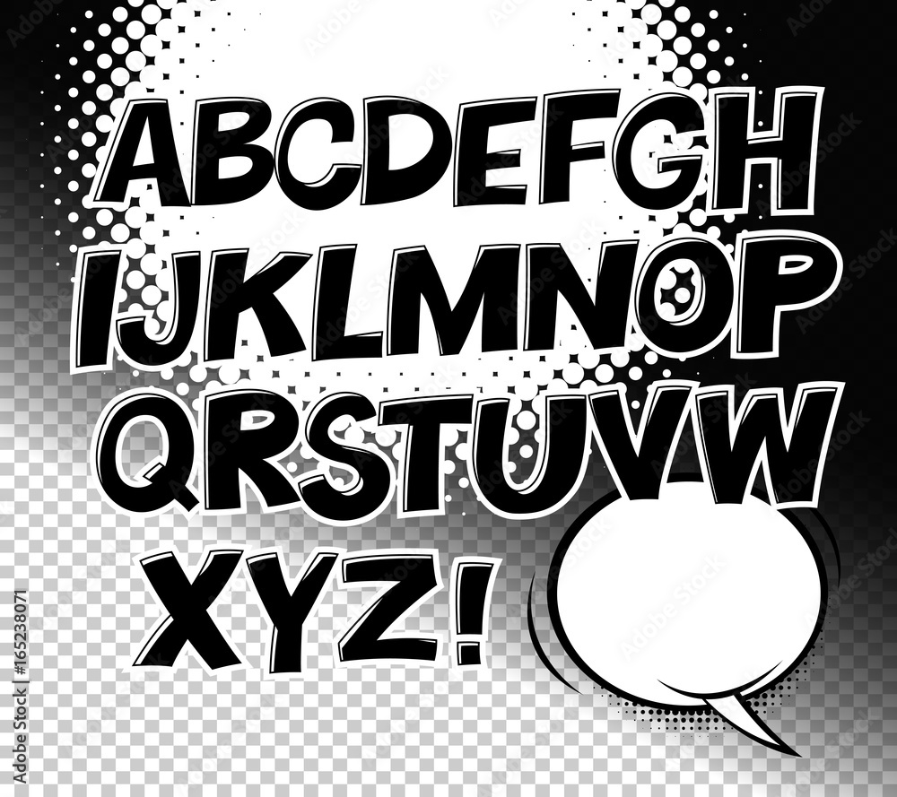 Comic black and white alphabet and speech bubble element. Halftone ...