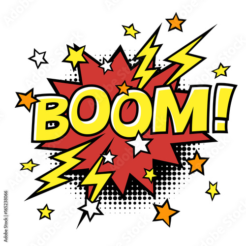 BOOM! phrase in speech bubble. Comic text. Vector bubble icon speech phrase. Comics book balloon. Halftone background.