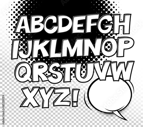 Comic black and white alphabet and speech bubble element. Halftone circle on transparent background. Vector set. Comic text. Vector bubble icon speech phrase. Comics book balloon. Halftone background.