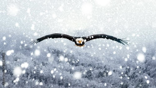 Animation of a bald eagle in slow motion flight during a snowstorm.