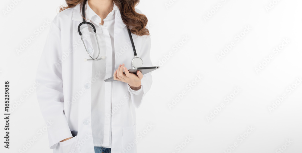 doctor use smart phone or tablet in job with isolated white background doctor use smart phone or tablet in job with isolated white background