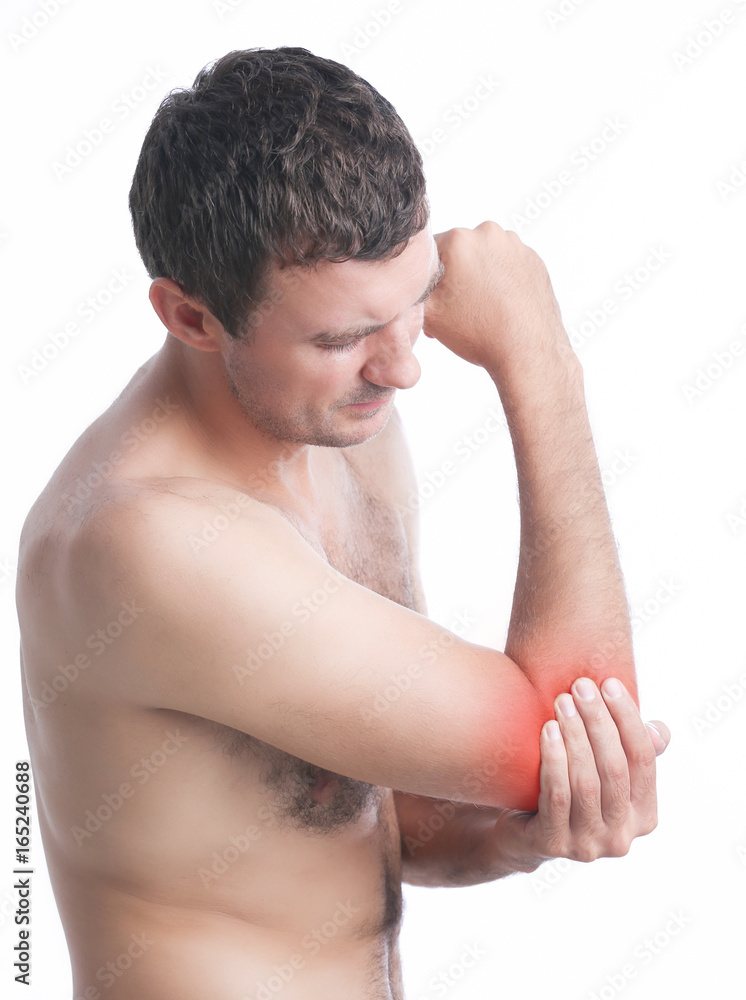 Acute elbow pain. Man holds hand on his pain elbow. Acute elbow pain. Man holds hand on his pain elbow.