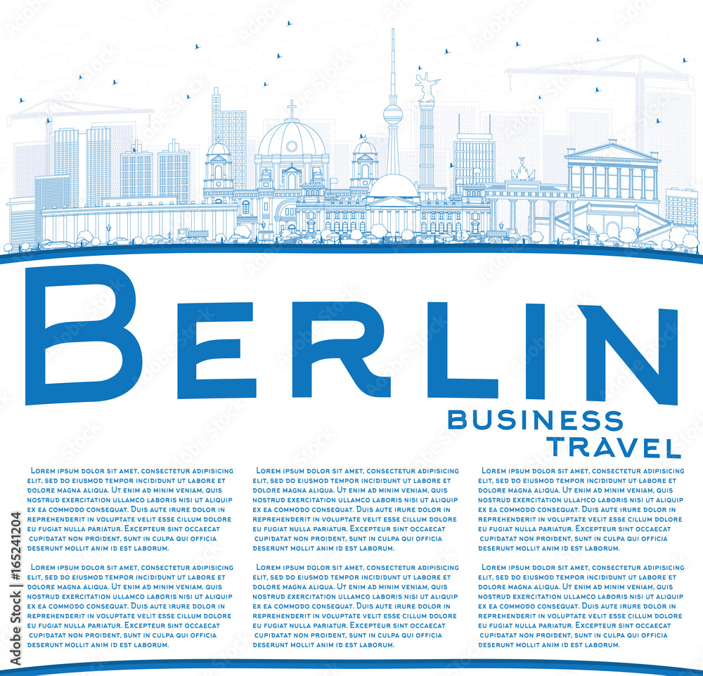Outline Berlin Skyline with Blue Buildings and Copy Space.