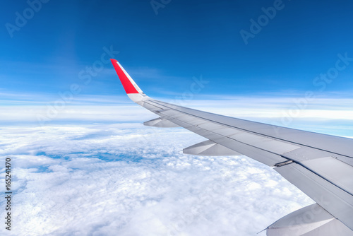 View of airplane wing.Flying high above the blue sky.