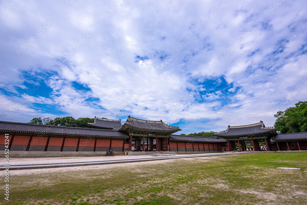 Seoul, South Korea - Injeongmun Gate of Changdeokgung Palace. (UNESCO World heritage site) (sign board text is 