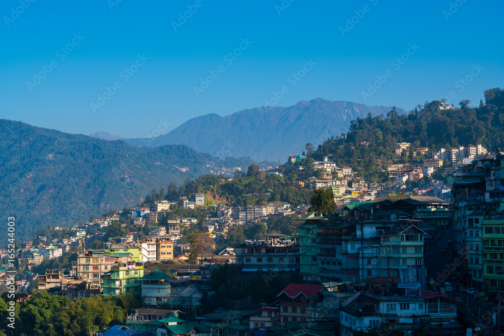 Gangtok city aerial view from high place in the Indian state of Sikkim