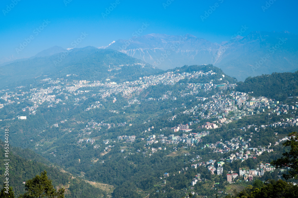 Gangtok city aerial view from high place in the Indian state of Sikkim ...