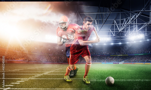 Soccer vs Football on 3d sport arena. multi sports run players collage. mature players with ball
