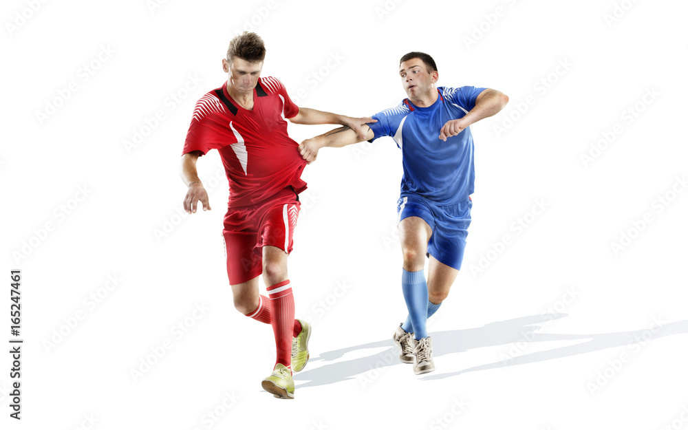 Soccer action isolated on white. two mature players fighting without ball