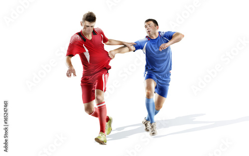 Soccer action isolated on white. two mature players fighting without ball
