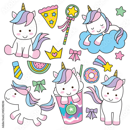 Cute baby unicorn vector illustration in pastel rainbow colors.
