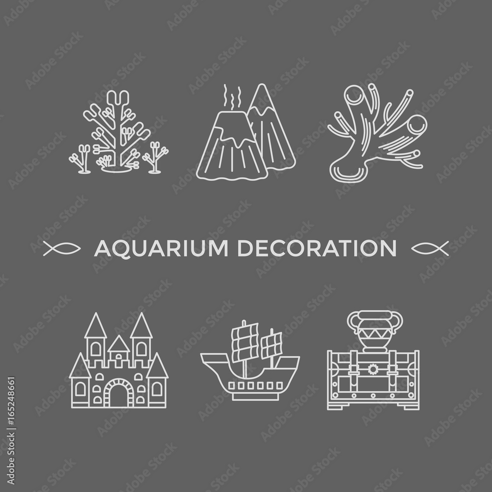 Thin line vector icons - aquarium decoration tools Thin line vector icons - aquarium decoration tools