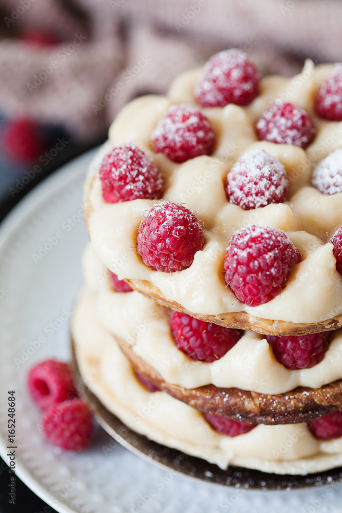Millefeuille with vanilla cream and raspberry Millefeuille with vanilla cream and raspberry