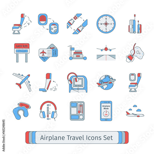 Set of isolated thin lined outlined icons for airplane travel.