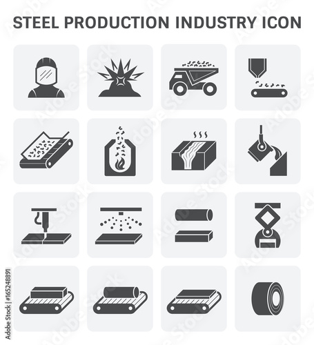 Steel production industry, manufacturing and metallurgy vector icon consist of worker, mining, factory plant and machine i.e. production line, furnace, foundry. Include process to casting product. photo