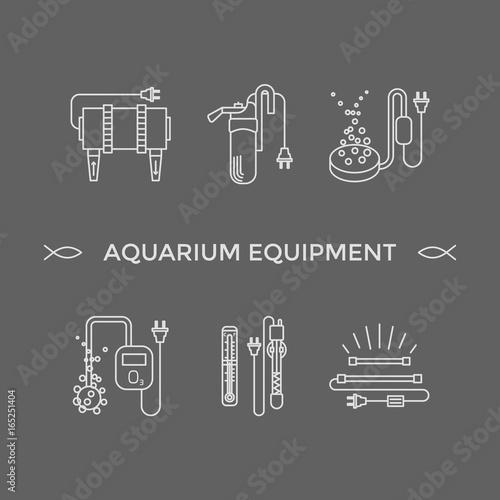 Thin line vector icons - aquarium equipment