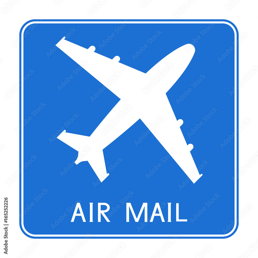 Air mail blue square sign. With white plane