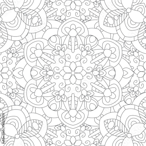 Doodles mandala seamless pattern. Adult coloring page. Black and white floral elements. Repeat pattern background. Hand drawn vector illustration.