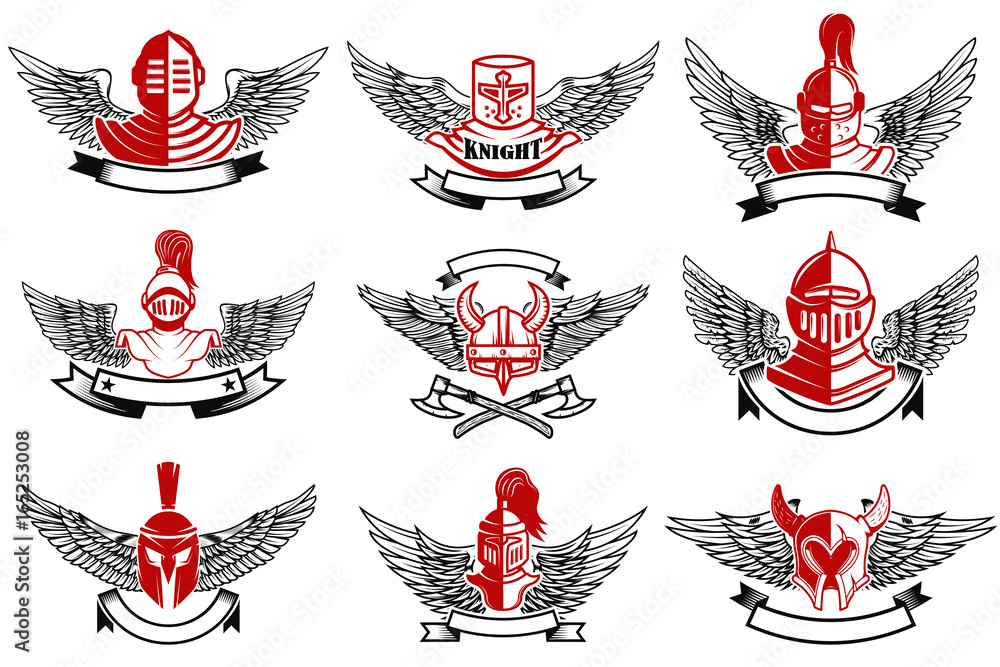 Set of the emblems with knights helmets and swords. Design elements for ...