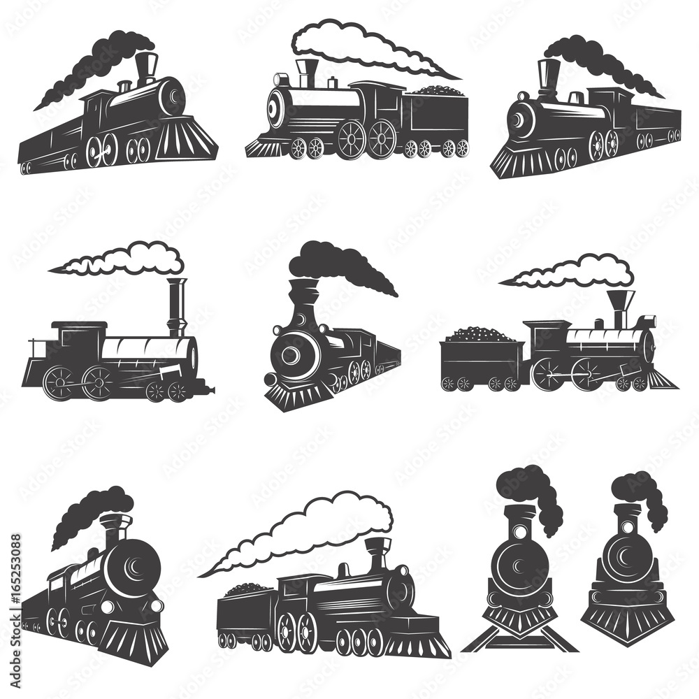 Set of vintage trains isolated on white background. Design element for label, brand mark, sign, poster. Vector illustration