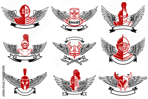Set of the emblems with knights helmets and swords. Design elements for logo, label, badge, sign. Vector illustration