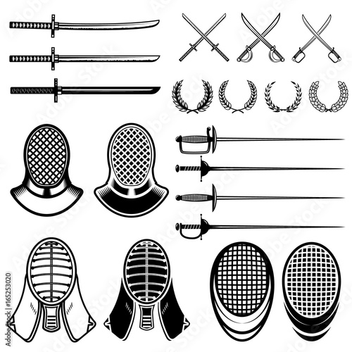 Set of Fencing design elements. Fencing swords, masks, japan katana. Vector illustration