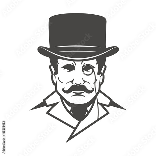 Gentleman head isolated on white background. Design element for label, brand mark, sign, poster. Vector illustration