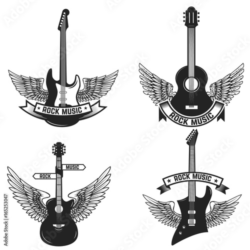Set of labels with guitars and wings. Rock music. Design elements for emblem, sign, badge. Vector illustration