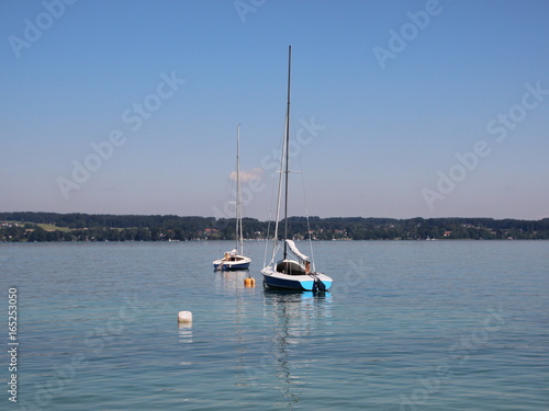 Two Sailing Boats on Blue Lake with Mountain Background