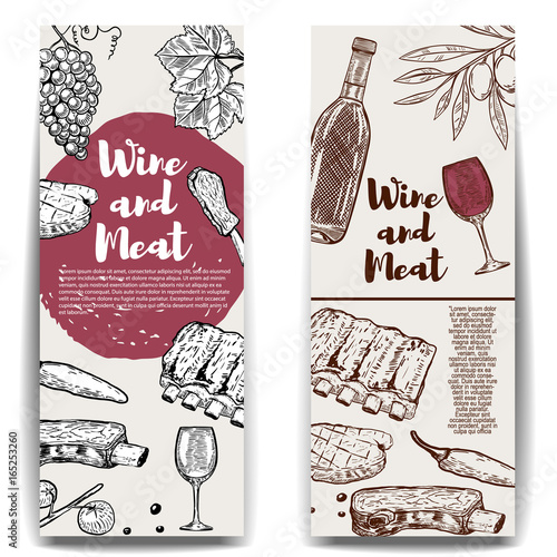 Wine and Meat banner template. Grilled steak, ribs, olives, wine, grape. Design elements for menu, flyer, poster. Vector illustration