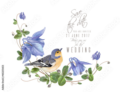 Blue flower bird composition