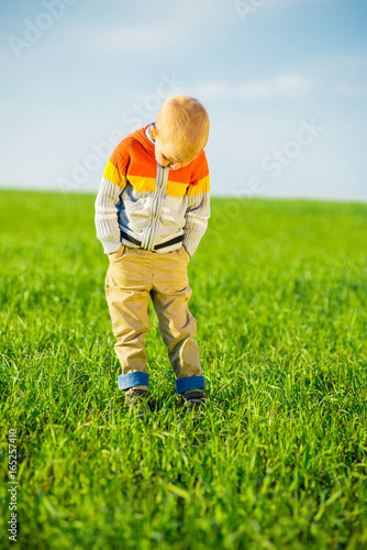 Portrait of happy joyful beautiful pointing little boy outdoor at countryside. Green field and summer concept.