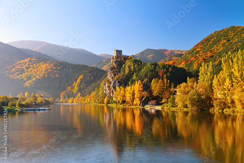 Vah river in Strecno near Zilina in beautiful autumn morning , Slovakia. photo