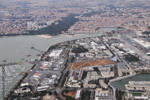 Downtown La Rochelle (France) seen from the sky by helicopter