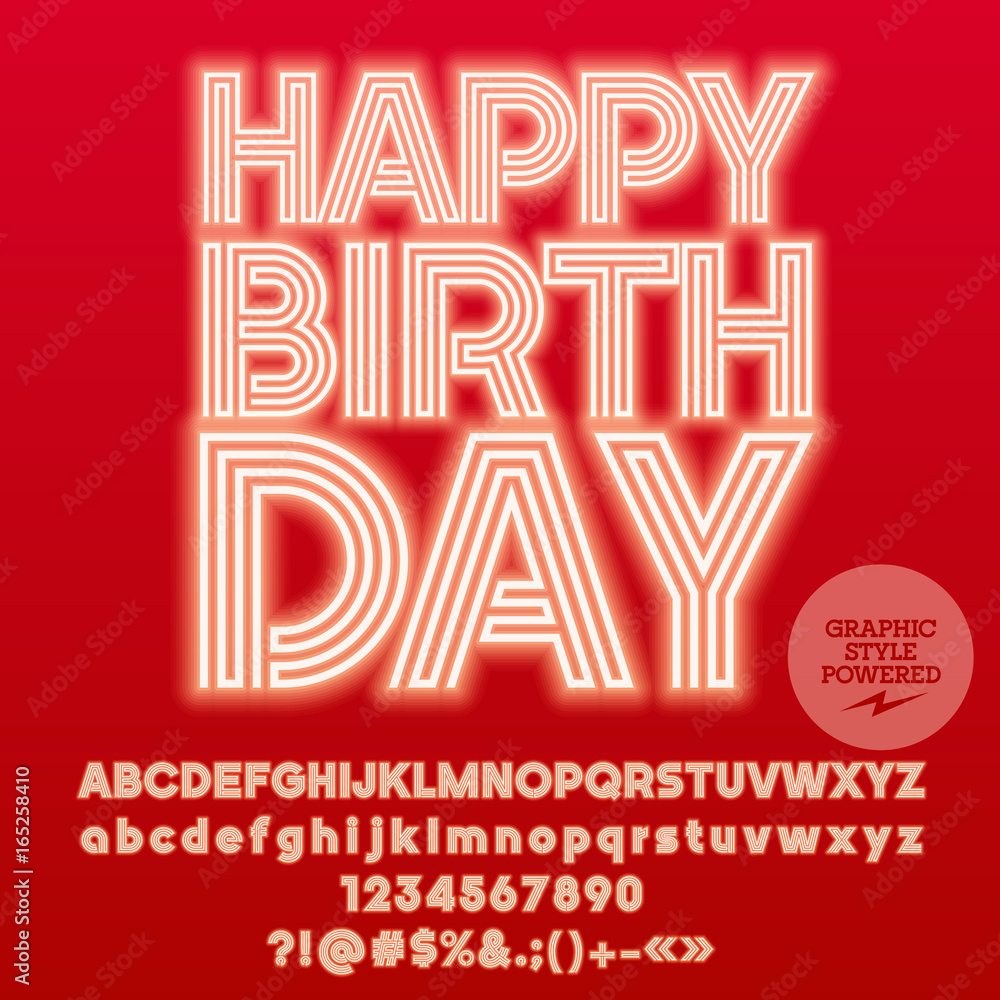 Obraz premium Neon bright set of Alphabet letters, Numbers and Punctuation symbols. Font contains graphic style. Vector greeting card with text Happy Birthday