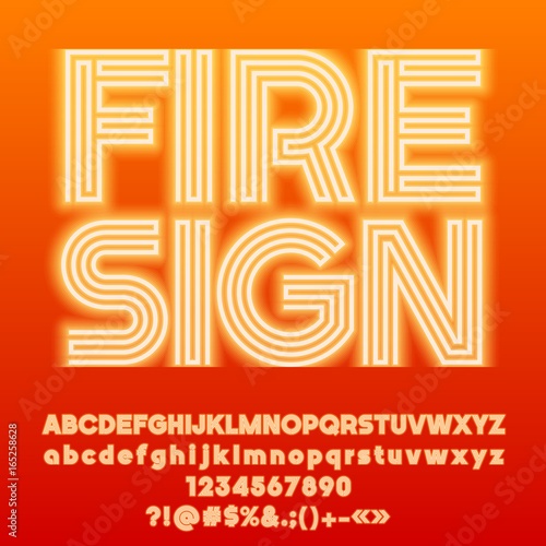 Neon bright set of Alphabet letters, Numbers and Punctuation symbols. Font contains graphic style. Vector icon with text Fire Sign.