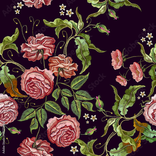 Roses embroidery seamless pattern. Fashionable template for design of clothes, t-shirt design, tapestry flowers renaissance style vector. Classical embroidery vintage buds of roses on black background