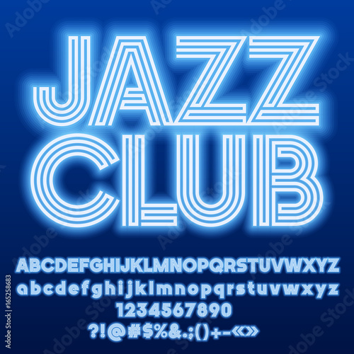 Neon blue set of Alphabet Letters, Numbers and Punctuation symbols. Font contains graphic style. Vector icon with text Jazz Club