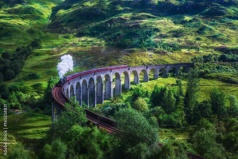 Obraz premium Wiadukt kolejowy Glenfinnan w Szkocji pociągiem parowym